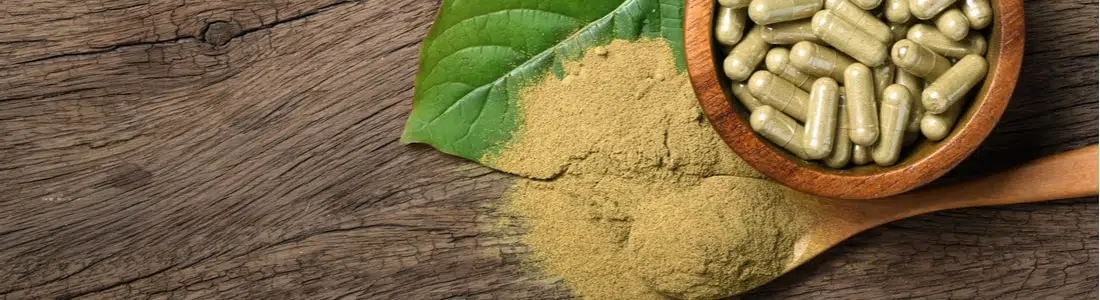 Kratom capsules and powder displayed on a green leaf