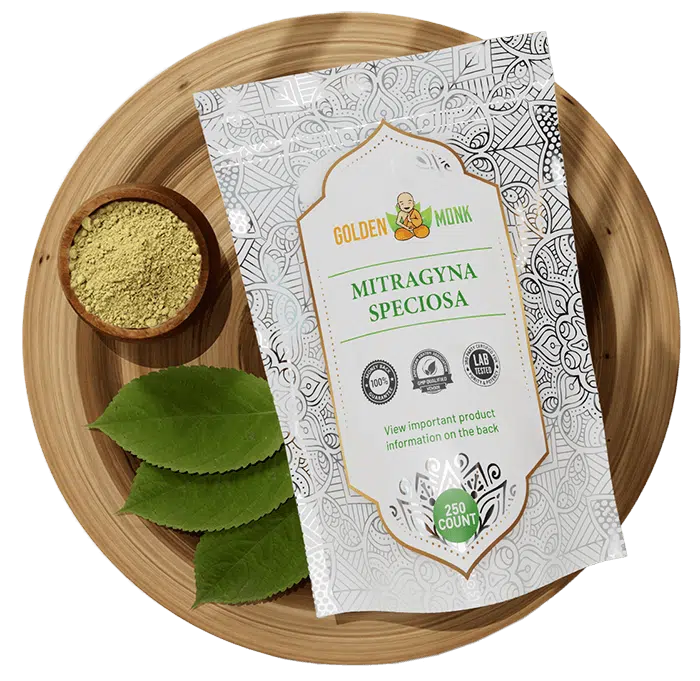 Kratom Packaging with leaves in plate