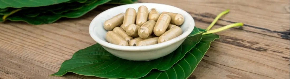 image of kratom capsules and leaves