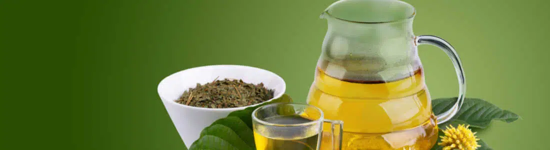 Cup of herbal supplement powder next to glass jar of honey